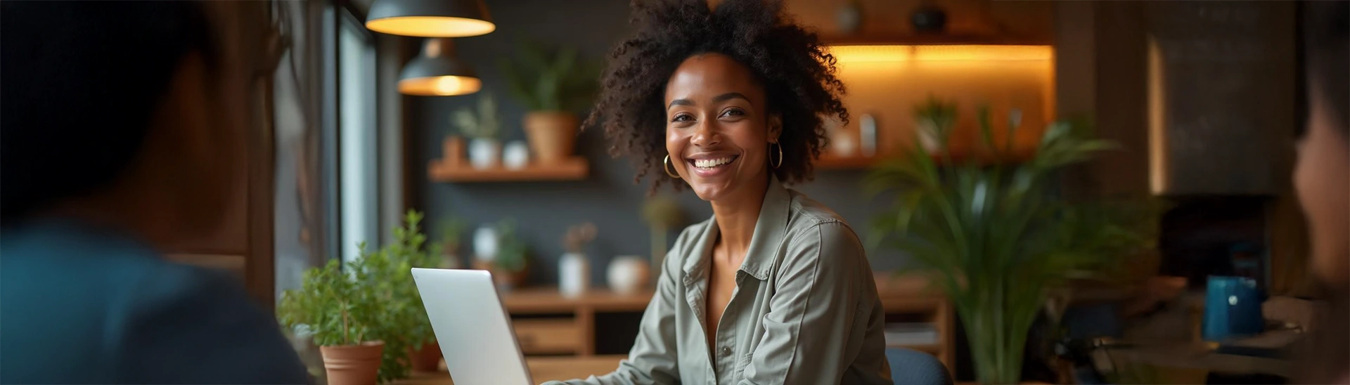 Mulher sorrindo em um café